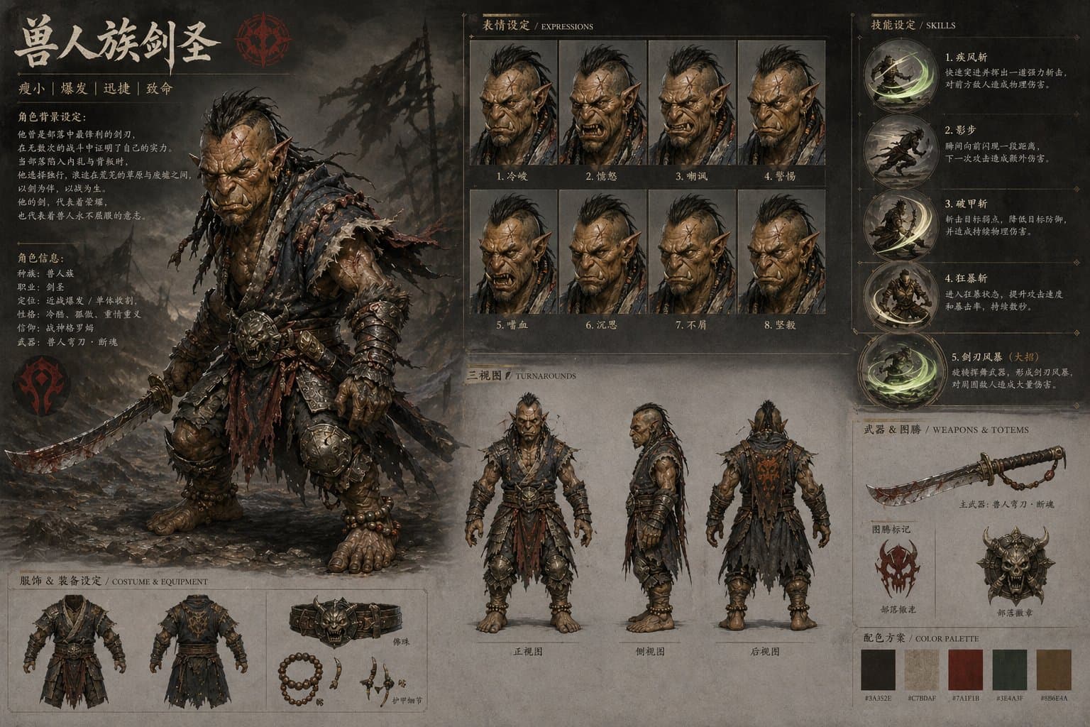 黑暗幻想兽人剑圣角色设计板 - 图片 1